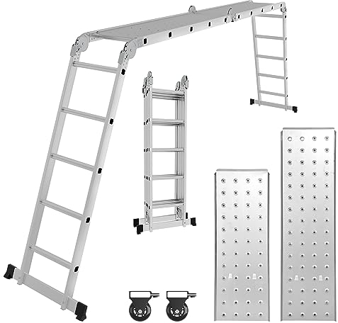 Cecaylie Escalera Multiusos de 5,8 m, 4 x 5 m, 7 en 1, Escalera multifunción de Aluminio, 2 Placas de andamio y 2 Ruedas, 16 peldaños, hasta 150 kg