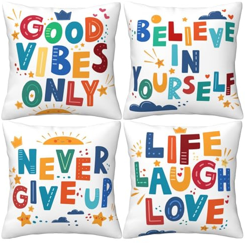 HOSTECCO Inspirational Quotes Cushion Covers 45x45 cm Set of 4 Colorful Motivational Words Classroom Pillow Cases Positive Reading Decorative Pillow Covers for Kids Children Students Office
