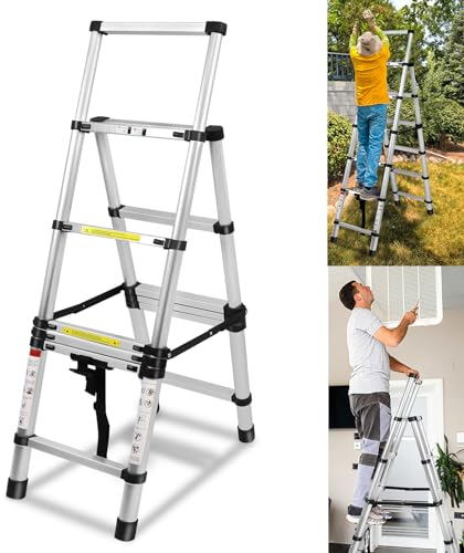 Aufun Escalera telescópica plegable de 1,7 m + 2,0 m, escalera de aluminio antideslizante, marco A, 6 + 7 peldaños, escalera multiusos extensible, escalera de pie, capacidad de carga máxima 150 kg