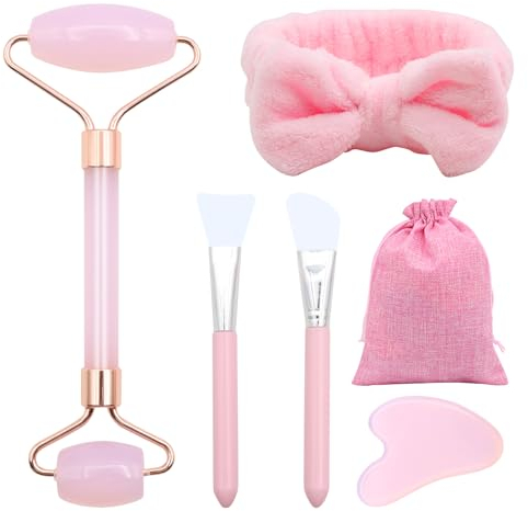 VEGCOO Rose Quartz Face Roller Gua Sha Set, Pink Jade Roller for Women, Gua Sha Stone Massage Tool for Facial, Neck and Body Muscle Relaxing