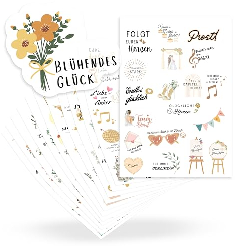 ECCK Sticker Hochzeit Gästebuch (12 DIN A5 Bögen), Hochzeitssticker Set mit Aufkleber Hochzeit für Gästebuch, Tischkarten, Scrapbook & Fotoalbum mit Liebe, Vintage & Herz-Motiven auf Deutsch