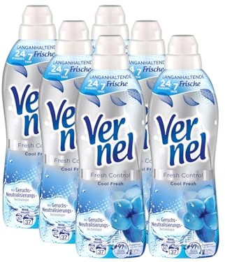 VERNEL Fresh Control Cool Fresh Weichspüler 6x 37 WL (222 Waschladungen), Wäscheduft für 24/7 langanhaltende Frische mit Geruchs-Neutralisierungs-Technologie, recycelbare Flasche