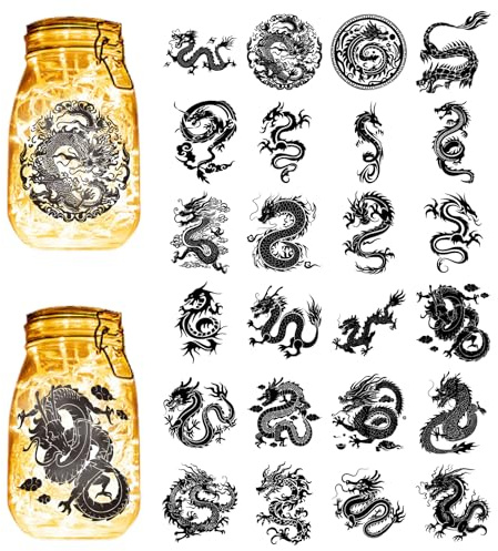CREATCABIN 24Pcs Silhouettes Mason Jar Decor Chinese Dragon Laser Cut Cardboard Scrapbook Cutouts Die Cuts PVC for Crafting Lantern Jars Wall Painting Windows Glass Phones 3.9x3.5Inch-No Sticker