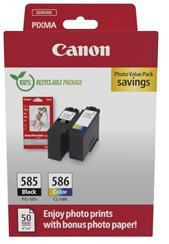 Canon PG-585 + CL-586, Cartuchos de Tinta Original, 1 Cartucho Negro y 1 Cartucho Color, Incluye Papel fotográfico 4x6 (50 x Hojas), Compatible con Impresoras PIXMA
