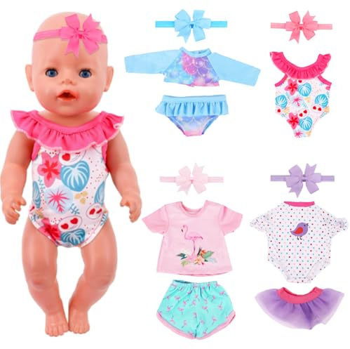 Baby Doll Clothes for 14-18 Inch Toy Baby Doll, 4 Set Sweet Summer Clothes and Doll Accessories Include 2 Top 2 Shorts 2 One-piece Swimsuit 1 Dress 4 Bow Headband for New Born Dolls Dress-Up (No Doll)