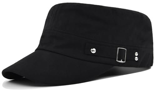 Rumnoke Cadet Army Cap for Women Men Unisex Flat Top Cap Adjustable Military Corps Hat Baseball Cap Black