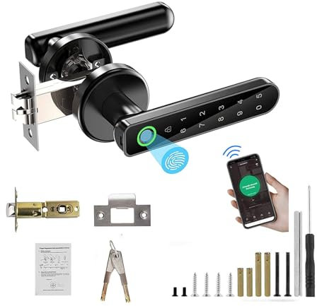 TEKXDD Cerradura Inteligente de Huellas Dactilares,5 en 1 Cerradura Electronica,Tuya App,IC Card, Huellas Dactilares,Contraseña Digital,Llave Mecánica