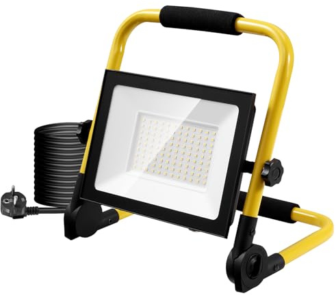 Viugreum Foco LED para construcción, 100 W, 6500 K, IP65, resistente al agua, con botón ajustable, cable de 3 m, enchufe Schuko, 10000 lm para taller, mantenimiento o construcción