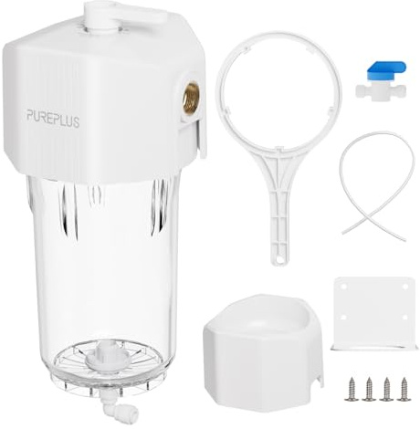 PUREPLUS Whole House Water Filtration System, 10″ × 4.5″ Housing, 1″ NPT Inlet/Outlet, Durable Housing with Bypass & Backwash, Pressure Relief, Mounting Bracket