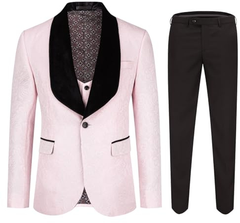 YFFUSHI Costume Homme 3 Pièces Smoking Jacquard Noeud Papillon Tenue de Cérémonie pour Mariage Soirée, Rose, XXL