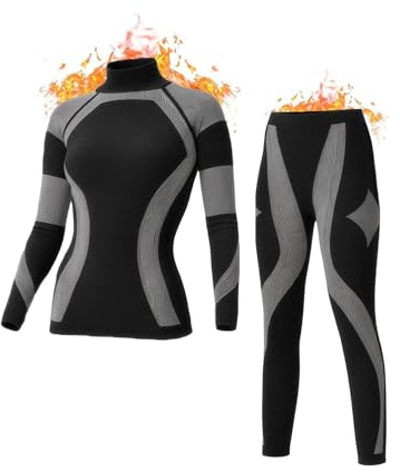 Velichor Abbigliamento Funzionale Intimo Termico Senza Cuciture per Donna Set Pigiama Allenamento Sci Strato Base Caldo Clima Freddo Yoga Top Bottom, Nero, M