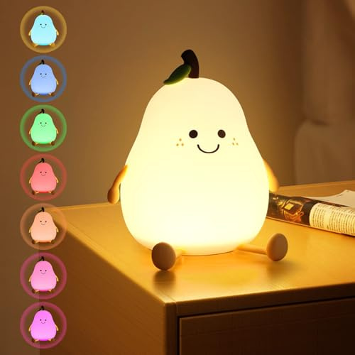 URAQT Luz Nocturna Infantil, Luz Nocturna en Forma de Pera, Función de Temporización y Carga USB, Lámpara de Noche para Niños de Silicona, Lampara Quitamiedos Infantil Ideal para Niños y Bebés
