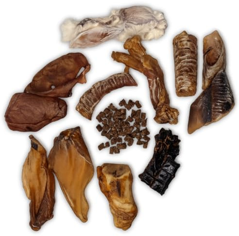 Feather & Fur Natural 1KG Dog Chew Box – Variety Box of Long Lasting Natural Dog Treats – Pig Ears, Buffalo Ears, Beef Trachea, Cow Hooves, Tendons, Liver & Training Treats – Grain Free