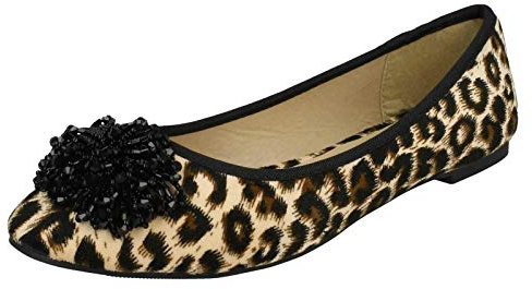 SPOTON Ladies Beaded Ruffle Vamp Flat Ballerina - Tan Leopard Microfibre - UK Size 6 - EU Size 39 - US Size 8