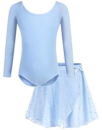 Bricnat - Vestito da Balletto per Bambini, Body per Danza a Maniche Lunghe, Maniche Corte, in Cotone, con Gonna in Chiffon, tutù per Danza, A-Blu, 140 cm