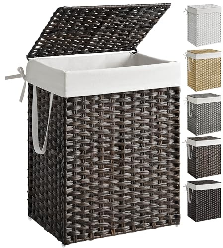 SONGMICS Laundry Hamper with Lid, 23.8 Gallon (90 L) Synthetic Rattan Clothes Laundry Basket with Lid and Handles, Foldable, Removable Liner, Chestnut Brown ULCB051K02
