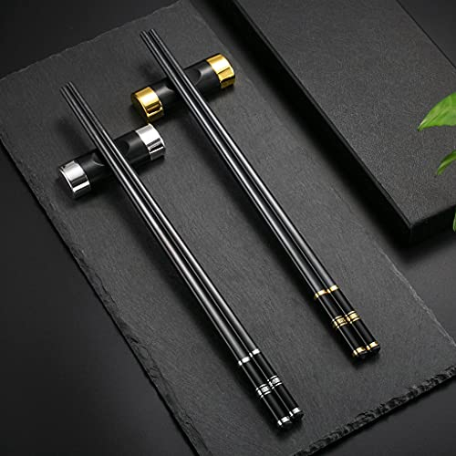 2 Paar EssstäBchen + 2 pcs Essstäbchen Auflagen in Geschenkbox , Schwarz Glasfaser Edelstahl Essstäbchen Auflagen ,Sushi Stäbchen Chopsticks Wiederverwendbare EssstäBchen Waschbar FüR GeschirrspüLerc