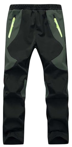 Echinodon Pantalon softshell doublé pour enfant Coupevent imperméable respirant et chaud Pantalon de pluie Pantalon de ski pour garçon et fille Pantalon de randonnée Noir vert armée. 14 ans