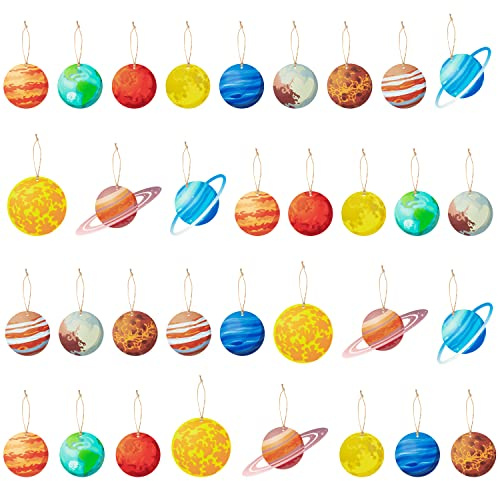Haooryx 34PCS Outer Space Wood Hanging Ornaments Solar System Themed Ornament Earth Saturn Jupiter Wooden Slice Pendants for Outer Space Theme Birthday Party Holiday Home Christmas Tree Decorations