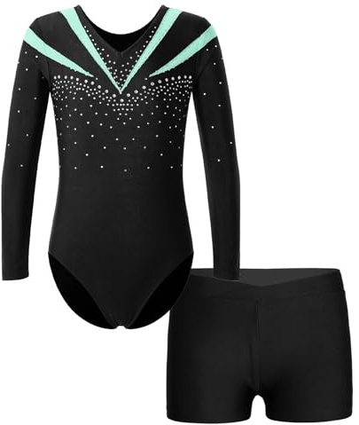 Oyolan Enfant Fille Justaucorps Gymnastique Strass Brillant Manche Longue avec Short Gym Ensemble Danse Patinage Performance 5-16 Ans Vert clair 11-12 ans