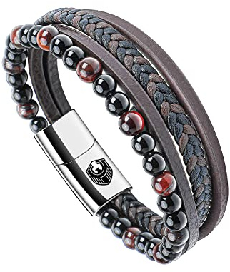SHIEAGLELD Bracciale Uomo Pelle Classico Cuoio Braccialetto Uomo con Calamita Fibbia in Acciaio Inossidabile ed Esclusivo Portagioie per Braccialetti l'idea di Regali