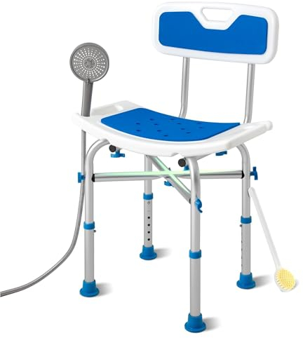 Sunnyload Silla de Ducha con Respaldo para Personas Mayores y discapacitadas, Taburete de Ducha Mejorado con Orificio para la alcachofa, Silla de bañera Antideslizante Ajustable y Resistente
