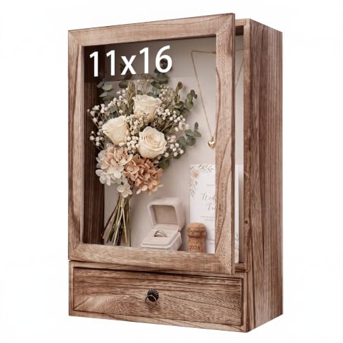 Shadow Box Frame 11 x 16 , 4 Deep Shadow Box Display Case with Drawer, Rustic Wood Memory Box for Pictures, Flowers, Memorial, Medals, Wedding Bouquet for Wall or Tabletop, Keepsakes, Medals