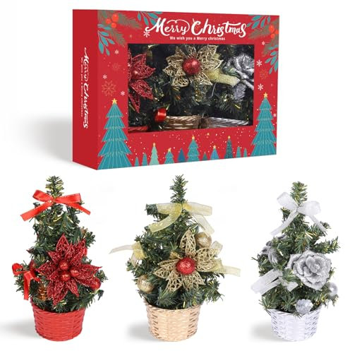 3pcs 7.87 inch Mini Christmas Tree Set, Tabletop Christmas Tree, Small Mini Christmas Tree wtih Ornaments, Artificial Xmas Tree for Christmas Desktop Decorations, Mini Gift Boxes for Home Office, 20cm