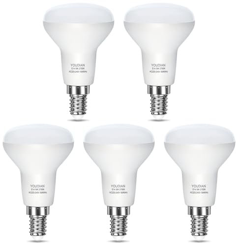 YOUDIAN E14 LED Light Bulb,R50 Reflector Bulb Small Screw,5W(40W Equivalent) E14 Bulb,Warm White 2700K,SES LED Spotlight Bulbs for Lamps,500lm,120° Wide Angle,Non-dimmable,Pack of 5