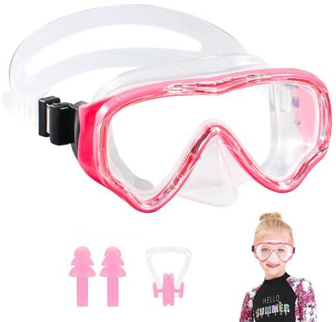 HIKOTEY Taucherbrille Kinder 4-16 Jahre, Schwimmbrille mit Nasenabdeckung,Schnorchelmaske für 180° Panorama HD Silikonband, Anti Nebel Anti-Leck Schnorchelset für Mädchen Jungen (Rosa)