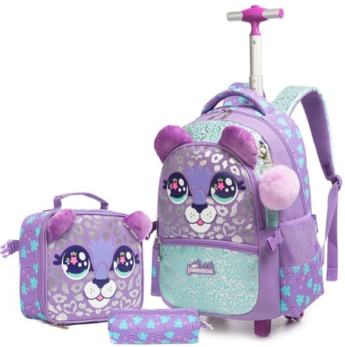 Egchescebo Kids Rolling Animal Backpack for Girls Trolley Suitcases Luggage Travel with Wheels Bookbag Wheeled 17 3PCS Roller Backpacks Set Toddler Back Pack School Bags for Elementary Purple