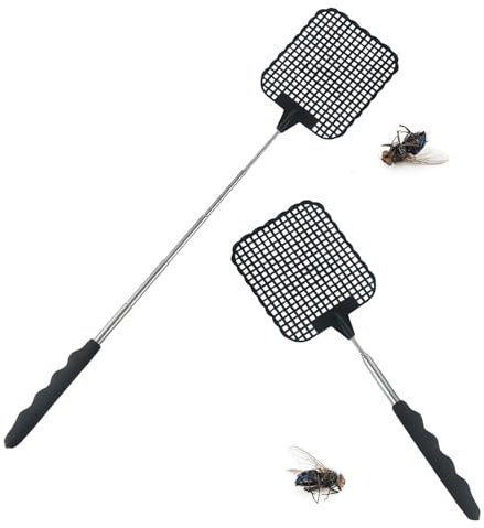 2 Pièces Tapettes à Mouches Extensible Tapette à Mouches Télescopique et Durable avec Poignée en Acier Inoxydable Tapetteà Mouche Main pour moustiques, Mouches et Insectes (Noir)