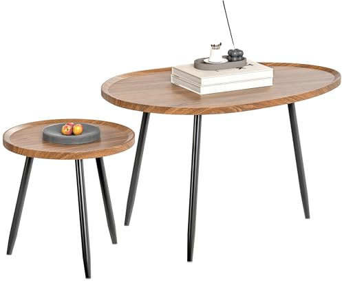 HOMCOM Juego de 2 Mesas Auxiliares Apilables Mesas Nido Mesitas de Café Estilo Moderno con Marco de Metal para Salón Dormitorio Oficina 80x55x49 cm y Ø40x39 cm Efecto Madera y Negro