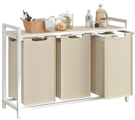 VASAGLE Wäschekorb mit Ablage, 3 x 40 L, Metallrahmen, 92,5 x 33 x 72 cm | Wäschesammler, Wäschebox, Wäschesack aus Oxford-Gewebe, abnehmbar, cappuccinobeige-naturbeige, BRENTA Kollektion BLH301LH01