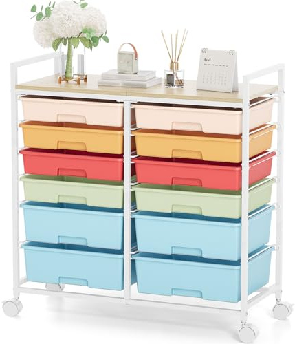 KINGRACK Rollcontainer mit 12 Schubladen und Holzarbeitsplatte, Schubladenschrank für Badezimmer, Küchen, Wohnzimmer und Büros (Bunt)
