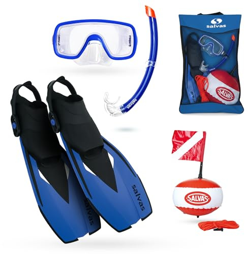 Salvas Sub Ultimate Set Snorkeling L/XL - Maschera Snorkeling + Boccaglio Tubo Snorkel + Pinne Regolabili 42/47 + Boa di Segnalazione con Bandierina - Kit Snorkeling, Apnea ed Immersioni (Blu)