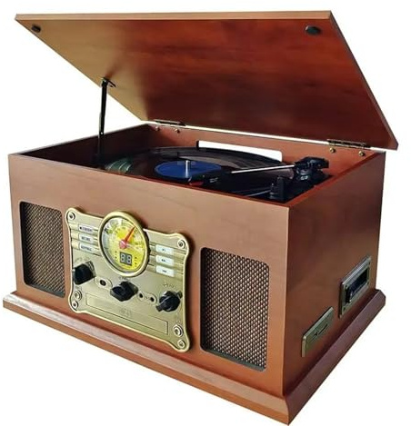 Gramófono Vintage multifunción, Reproductor de CD, Tocadiscos Vinilo, Radio y Altavoz Bluetooth(Redwood)