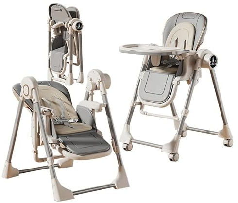 Veitoalioy Electric 2-in-1 Dining Mode and Swing Mode Baby High Chair Toddler Feeding Dining Chair, Multifunctional Foldable High Chair, with Detachable Double Trays and Wheels (E8121 Grey)