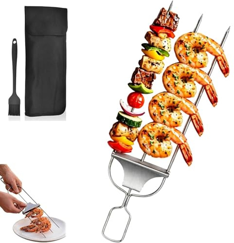 Spiedini per griglia a 3 vie, spiedini a tripla testa, spiedini per grigliare con cursore a sgancio facile, spiedini per barbecue, in acciaio inossidabile, bastoncini in metallo anti-rotazione per