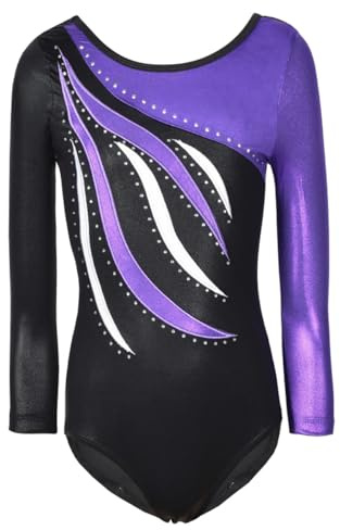 ESHOO Girls One-Piece Striped Gymnastics Ballet Leotards Shinning Diamond Embroidered(Purple Long Sleeve 9-10Y)