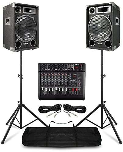 MAX SP12 Live Band PA System Package with 2x 12 Passive Speakers, AM8A 8-Channel Mixer Amplifier, Speaker Stands & Cables - Ideal PA System for Singers, Bands & Events