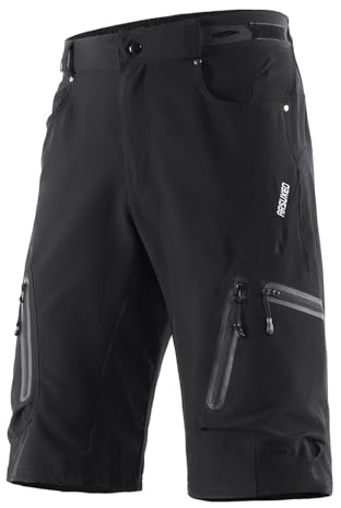 ARSUXEO Pantalones Cortos de Ciclismo para Hombre Pantalones Cortos MTB de Ajuste Holgado Parte Inferior para Deportes al Aire Libre Repelente al Agua con 7 Bolsillos 1202 Negro L