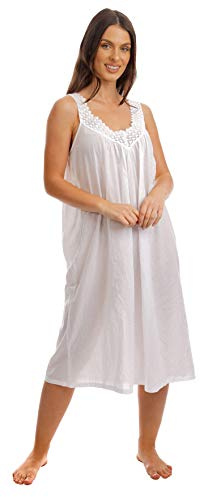 i-Smalls Ladies Crochet Lace Pleated Summer Lightweight Sleeveless 100% Soft Cotton Long Nightdress (White V Neck) L