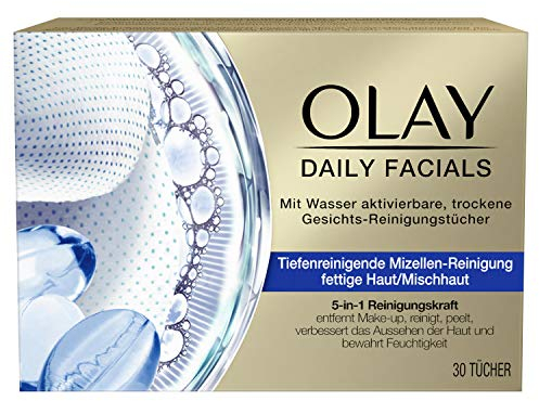 OLAY Daily Facials Cleansing Wipes for Oily Skin/Combination Skin, Water Activated, Dry Facial Cleansing Wipes, 5-in-1 Face Care, Make-Up Wipes, Facial Cleansing, Exfoliating