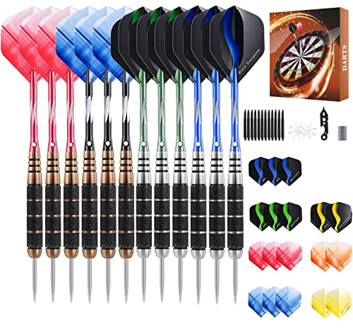 Rose Kuli Dardos Punta de Acero - 12 Pack 24-26g Dardos Profesionales de Acero con Ejes de Aluminio, con vuelos de Diferentes Tipos de Estilos, Estuche Premium (26g Dart)