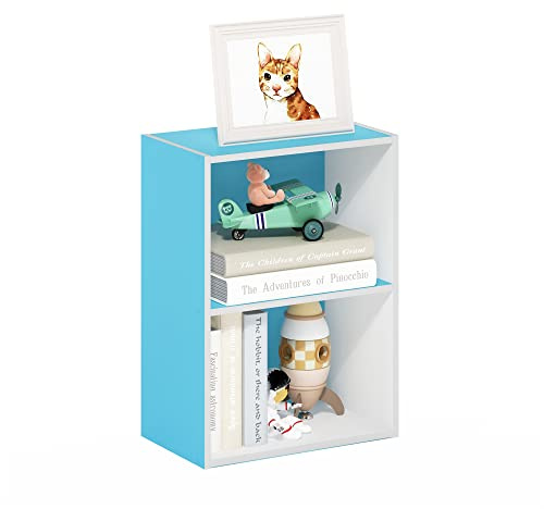 Furinno LUDER Book Shelf, 2-Tier Modern Bookshelf, Open Shelves Bookcase 9 x 16 x 21, for Living Room, Bedroom, Home Office, Light Blue/White
