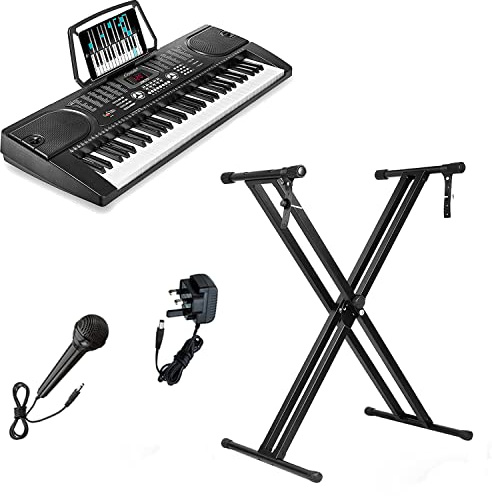 Crystals® 61 Keys Electronic Teaching Keyboard Digital Music Piano Instrument & Microphone with Keyboard Stand - Black (With Double Braced Stand)