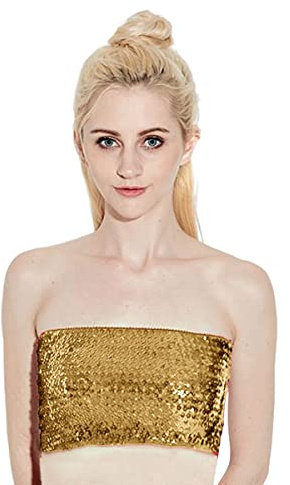SamHeng Women's Sequin Sparkly Strapless Tube Tops, Non-Padded Stretchy Bralette, Golden, One Size