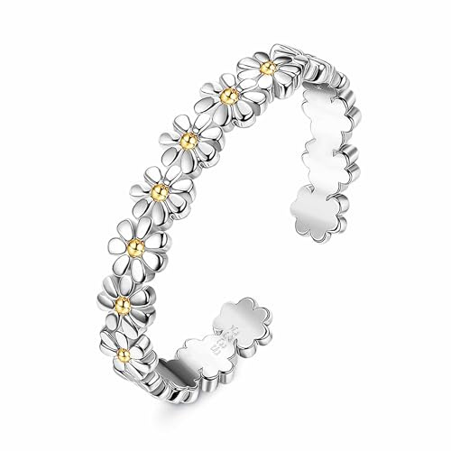 ORAZIO 925 Sterling Silver Toe Rings for Women Adjustable Open Cuff Ring Hypoallergenic Daisy Flower Vintage Band Rings Beach Foot Jewelry for Summer