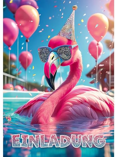 Moosthaler GLITZER Flamingo Einladungskarten Kindergeburtstag Mädchen (12 Stück) - Lässige Poolparty Einladung mit echtem Glitzerlack - Flamingo Pool Geburtstag Einladungen - Einladung Poolparty